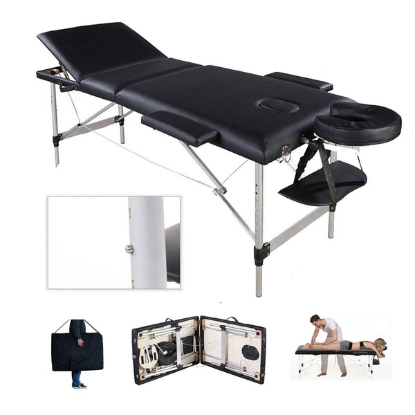 Massage Table. 3 Zone Folding Massage Table, Height-Adjustable, Cosmetic Treatment Table, Aluminium Feet, Premium PU Leather, Easy Setup, with Carry Bag, Black, 230 kg Load Capacity