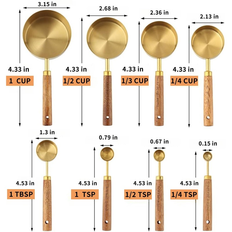 Measuring Cups and Spoons Set 8-Piece, Food-Grade Golden Nonstick with