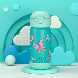 B2DO Double-Walled Stainless Steel 316 Thermal Flask for Children, Butterfly, 350 ml, Leak-Proof Insulated Children's Water Bottle for School, BPA-Free Drinking Bottle with Straw for Children