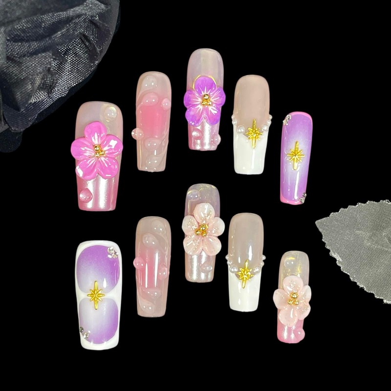 Handmade Press On Nails Medium/Long Square Pink 3D Sakura Design