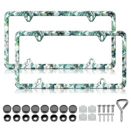 Green Leaf License Plate Frame - 2 PCS Tropical Plants License Plate Holder Cover, Rust-Proof Stainless Steel Parts Auto License Plate Cover Decoration for Standard Us 12x6 Inch