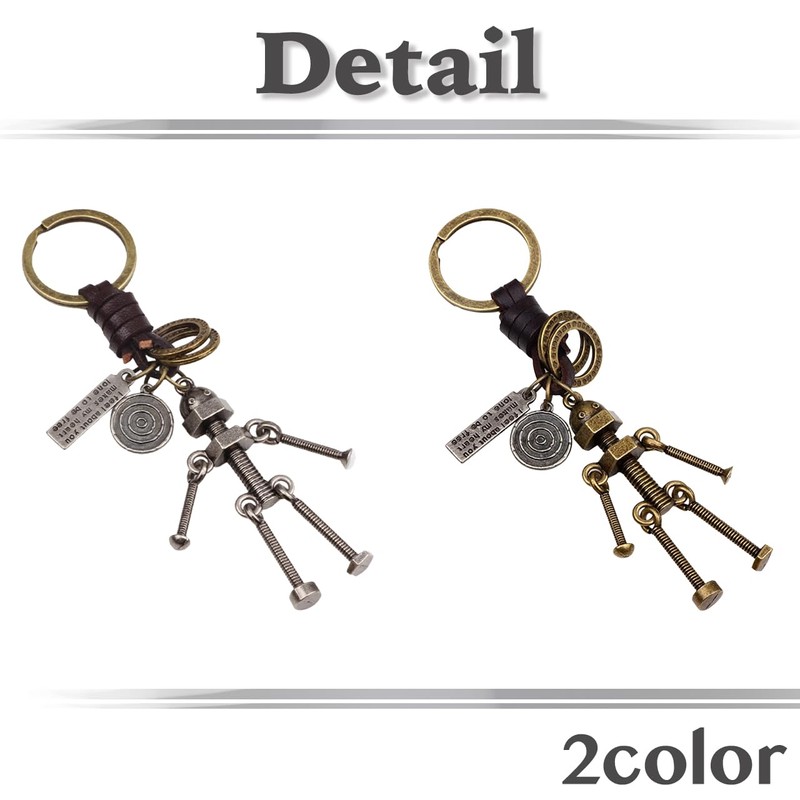 White Fang AZ293 Keyring, Keychain, Leather, Robot, Screw, Retro, Charm,