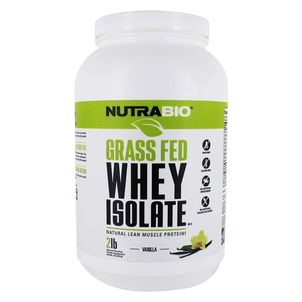 NutraBio Grass Fed Whey Isolate Protein Powder - 25G of Protein Per Scoop - Sugar Free Natural Lean Muscle Protein Supplement - Vanilla - 2 Pounds, 29 Servings