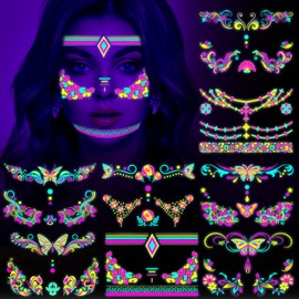 HOWAF 8 Face Neon Party Metallic Tattoos Gold Temporary Tattoos Women Girls Neon Tattoos Black Light Makeup UV Tattoo Sticker Face Flash Tattoo Glitter for Neon Accessories
