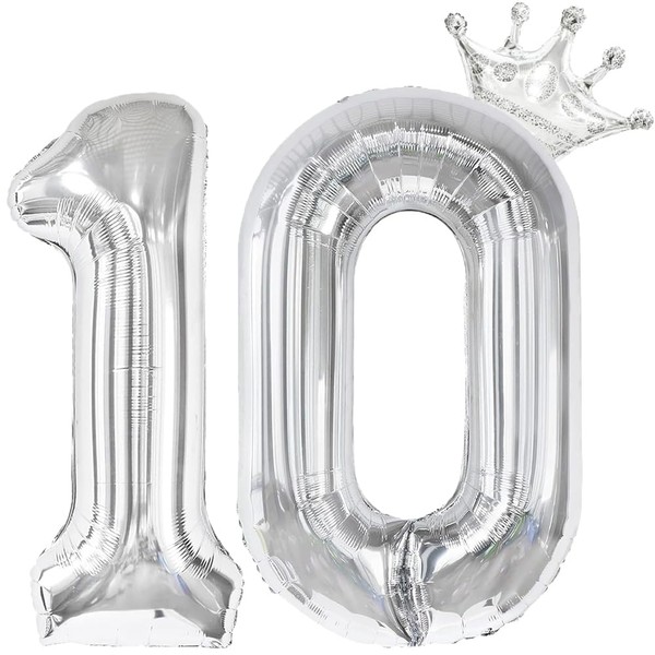 10 Silver Number Balloons, Huge 40 Inch 10th Birthday Decoraion