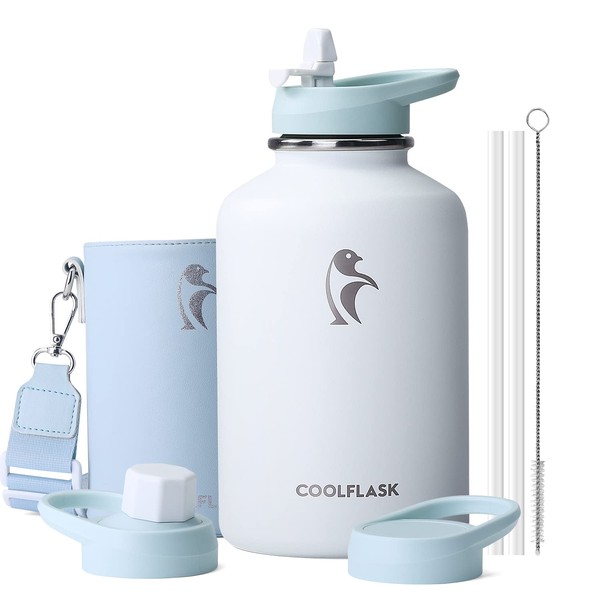 Coolflask 64 oz Water Bottle Insulated with PU Leather Sleeve, Half Gallon Water Bottle Color Contrast with Straw Lids, Stainless Steel Metal Large Water Jug, Keep Cold 48h Hot 24h,Glacier White