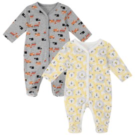MK MATT KEELY Pack of 2 Baby Rompers Boys Girls Newborn Cotton Pyjamas Long Sleeve Newborn Clothing, Grey Car + Yellow Lion