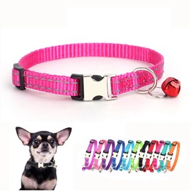 Puppy Collars for Small Puppies, Reflective Nylon Metal Buckle Cat Collars with Bells for Tiny Pet Female Dogs Girl Kitten Small Animal, Hot Pink Xs