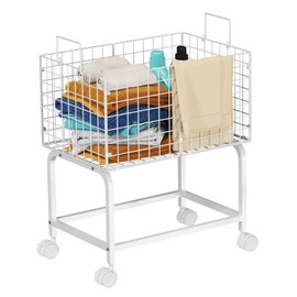 Wire Laundry Hamper Cart,Laundry Hamper Trolley with Pull Handle,White High Laundry Basket Cart for Laundry Room,Bathroom,Bedroom-23.6 * 15.75 * 28inch-White