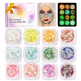 Glow in The Dark Glitter Gel, Eleanore's Diary 12 Colors Luminous Iridescent Body Eye Lip Nail Hair Glitter for Women, UV Holographic Face Chunky Glitter Gel for Makeup Carnival Party Easter Festival