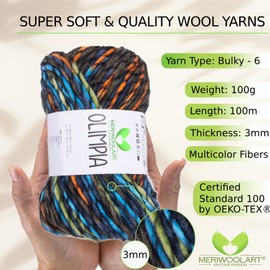 MeriWoolArt Merino Wool for Knitting - 100 m Multicoloured Thick Soft Merino Wool for Knitting for Sweater Jackets - XXL Hand Knitting Wool - Voluminous DIY Wool for Scarves Blankets Scarves Gifts