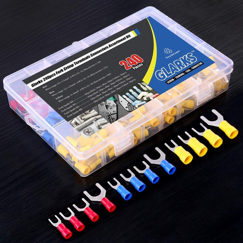 Glarks 240pcs 22-16/16-14/12-10 Gauge Fork Spade Quick Splice Crimp Terminals