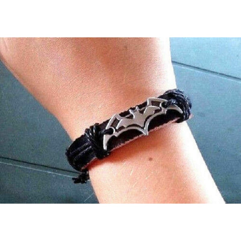 New Men's Leather Bracelet Stainless Steel Bat Signal Toggle Adjustable