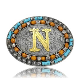 Yjfeshion Western Belt Buckle Golden Initial Letter ABCJMR to XYZ Vintage Turquoise Cowboy Belt Buckles for Men Women N