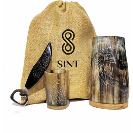 Viking Horn Mug With Gift Bag - Food Grade Medieval Style Man's Beer & Mead Cup (The Wolf/Fenrir-Engraved Natural)