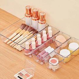 SMARTAKE 28 Piece Drawer Organizers with Non-Slip Silicone Pads, 4-Size Desk Drawer Organizer Trays Storage Tray for Makeup, Jewelries, Utensils in Bedroom Dresser, Office and Kitchen, Clear