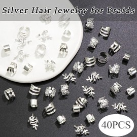 VENOFEN 40PCS Silver Hair Jewelry for Braids Multi Style Hair Cuffs Metal Loc Dreadlock Accessories Non-Piercing Ear Clips Braid Jewelry for Women and Girls