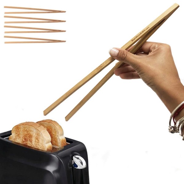 Unbranded 4 Set Bamboo Toast Tongs 12" Bagel Fruit Bread