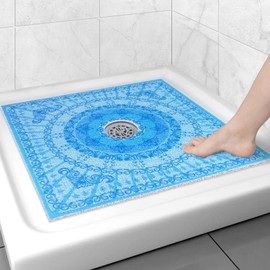 Square Shower Mat Non Slip: 27x27 Inch Extra Large Shower Floor Mat with Drain Hole in Middle - Soft PVC Loofah Bath Mat for Shower - Anti Slip Shower Stall Mat for Elderly and Kids