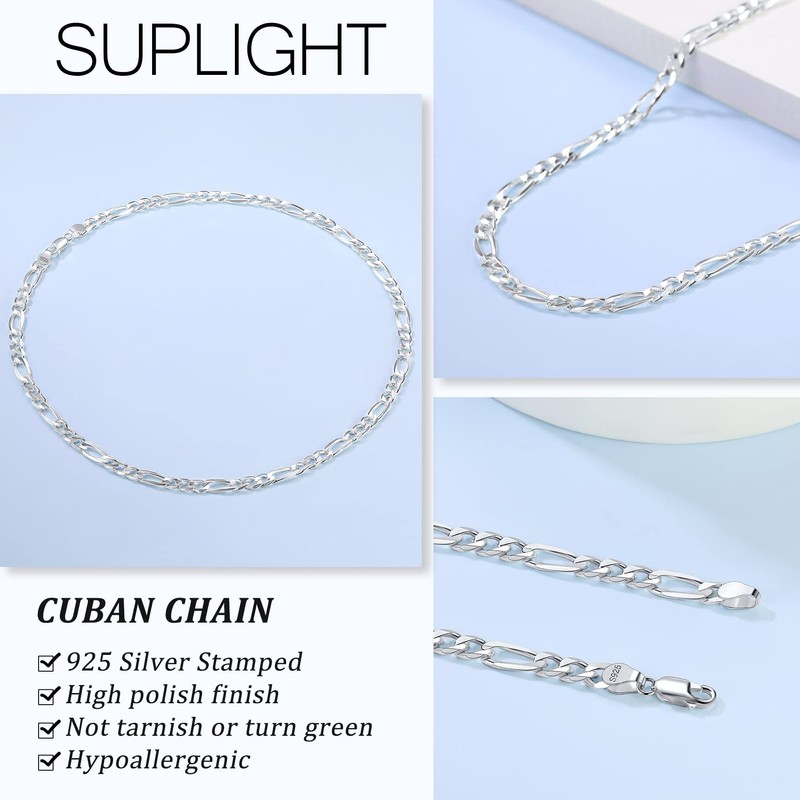 Suplight 925 Silver Chain for Men 5mm Figaro Link Mens