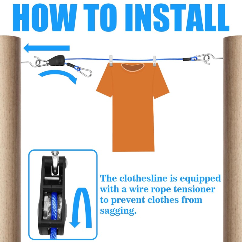 VIVBOO 40ft Clothes Line Outdoors 3/16" Wire Ropes Blue PVC