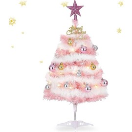 Small Pink Christmas Tree, 2ft Mini Christmas Tree, Artificial Small Desktop Xmas Tree with Lights and Tree Ornaments, for Christmas Thanksgiving Decorations