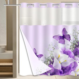 Mowxune No Hook Purple Shower Curtain with Snap in Fabric Liner Set,Nature Double Layers Waterproof Fabric,Flowers and Butterfly Shower Curtains for Bathroom Clearance 71x74 in