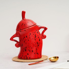 EOQIFJM Canister With Attitude,Large Capacity Cute Sassy Tea Pot Storage with Airtight Lid Fun Food Jar Stylish Teapot Large Ceramics Lid, Creative for Coffee, Tea, Sugar, and Spices,With Spoon (Red)