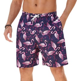 Enlision Men's Swimming Trunks, Summer Hawaii Shorts, Beach Shorts, Quick-Drying Swimming Trunks, Surfn Board Shorts for Men with Mesh Lining, S-3XL, Dark Blue Flamingos, XXL
