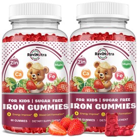 Iron Supplement Gummies for Kids - with Calcium, Zinc, Kids Multivitamin with Iron Gummies - Immune Support, Blood Builder & Energy Support for Iron Deficiency - 2 Pack Strawberry Flavour, 60 Gummies