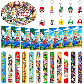 82 Pcs Party Bag Fillers for Kids, Pinata Birthday Party Decorations Super 12 Slap Bands 10 Key Rings 50 Stickers 10 Party Bags Theme Birthday Party Gifts for Boys Girls Kids