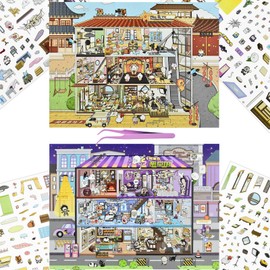 2 Sets DIY 3D Large Wonderful House Sticker Scenes with Tweezers Make Your Own Film Crew and Escape Room Scene Stickers Cute Micro Room Stickers for Relief Stress Pass The Time