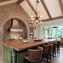 VANZARLA 6-Light Sputnik Pendant Light Black, Wood Chandelier for Dining Room Rustic Light Fixture Ceiling Hanging for Bedroom Entryway Kitchen Loft