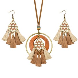 ROJEMXVE Bohemian Tassel Jewelry Set - Leather Cord Necklace with Hemp Rope Chain Stack Geometric Pendant Matching Ethnic Tribal Earrings