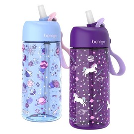 Bentgo Kids Prints Water Bottle Bundle - Set Includes 2 Resuasble Water Bottles with Straw, Portable, Ideal for Kids on the Go - Drinkware:_Unicorn/Lavender Galaxy