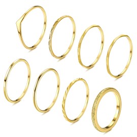 Adramata 8 Pieces Gold Rings for Women Stainless Steel Ring Simple Stackable Ankle Rings 14 Carat Gold-Plated Rings Set Minimalist Finger Ring Boho Rings Thumb Ring Women's Gold Rings Women, Stainless