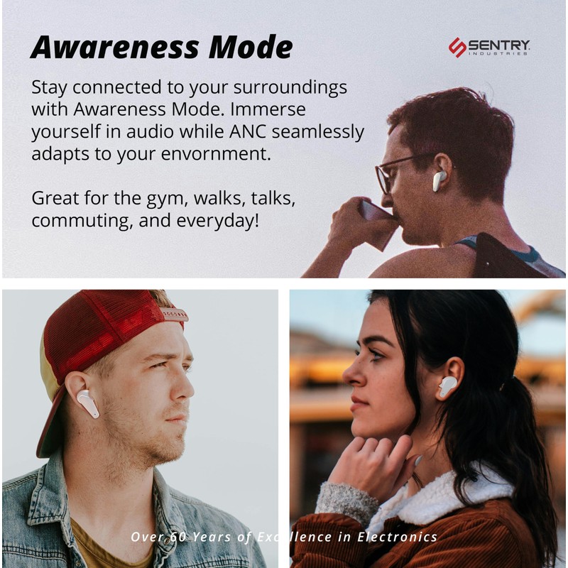 SENTRY OSE Wireless Stem Earbuds, Active Noise Canceling, -20 dB