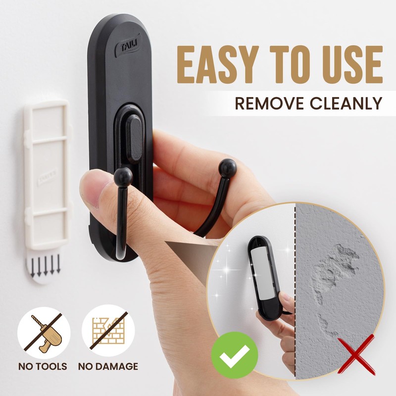 TAILI Adhesive Double Hooks for Hanging, 4 Coat Hooks &