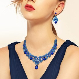 Brilove Women's Wedding Bridal Jewelry Set Teardrop Crystal Cluster Rhinestone Enamel Statement Necklace Dangle Earrings Sapphire Colour Gold-Tone