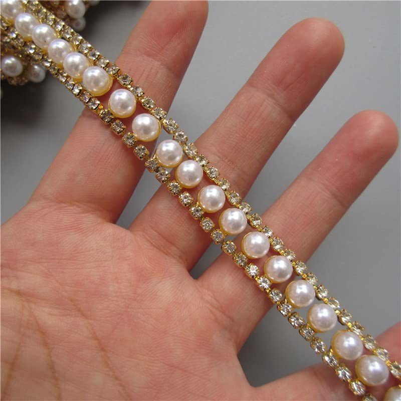 2 Yards Gold Pearl Rhinestone Chain, Crystal Rhinestones Pearl Chain