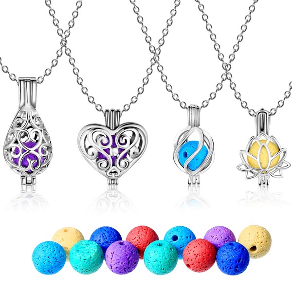 4 Pcs Aromatherapy Essential Oil Diffuser Necklaces Locket Pendant Stainless Steel Necklace with 24 Pcs Refill Lava Stones Balls for Women Girls Gifts