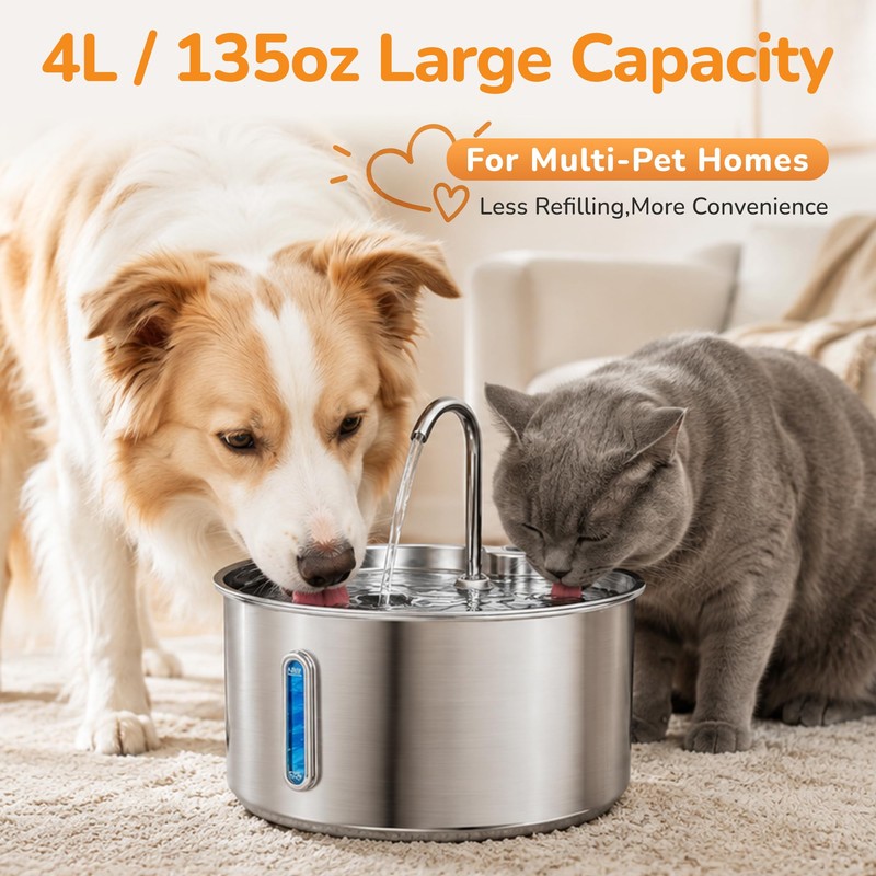 Adorabby Stainless Steel Cat Water Fountain, 135oz/4L, Ultra-Quiet
