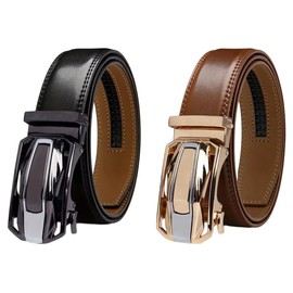 Men's Leather Ratchet Belt, Black and Brown with Metal Plate Buckle, 3.2 cm Width (Brown)