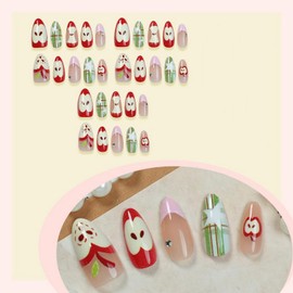 Short Press on Nails Almond Fake Nail Cartoon Apple Designs French Tip False Nails Full Cover Stars Rhinestone Stick on Nails Glossy Summer Acrylic Nails for Women DIY Manicuare 24 Pcs