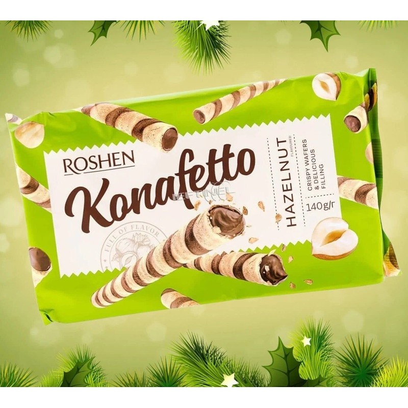 Roshen Crispy Flavorful Wafer Rolls "Konafetto" with Hazelnut-Cream Filling, Kosher,