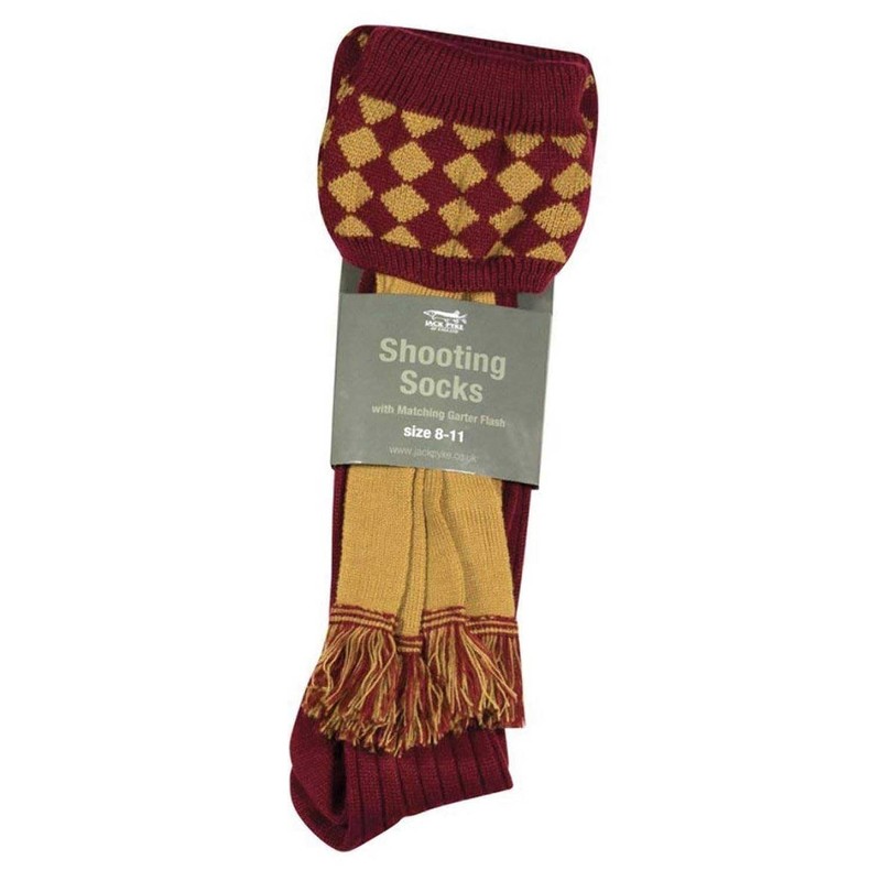 JACK PYKE Harlequin Shooting Socks with Garters Burgundy/Gold 8 to