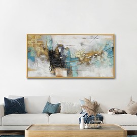 Large 100% Handmade Abstract Oil Painting with Frame Modern Original Hand Painted Heavy Textured Wall Painting Blue Gold Grey Canvas Wall Art Wall Decor for Living Room Bedroom Office Hang 24x48 inch