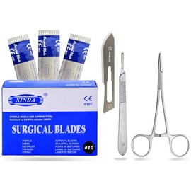 MuskalMed 100 Sterile Carbon Steel Blades #10 with Free Scalpel Handle #3 and Blade Remover Hemostat
