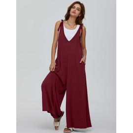 DEEP SELF Jumpsuits for Women Summer Casual Rompers Sleeveless Loose Tie Strap Baggy Overalls with Pockets 2024 (Large, Wine Red)