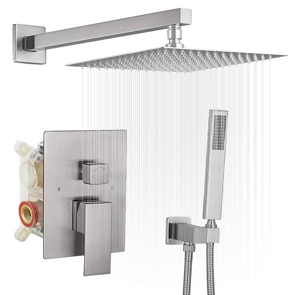 BWE Shower System Brushed Nickel 10 Inch Square Bathroom Luxury Rain Mixer Shower Combo Set Shower Kit Wall Mounted Rainfall Head Shower Faucet Rough-in Valve Body and Trim Included
